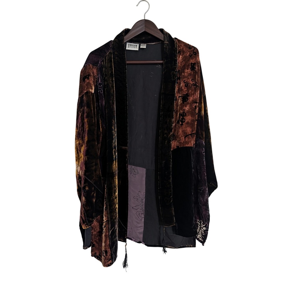 VTG Chico's Design Velvet Patchwork Kimono Burnout Silk Jacket Geisha 90s Grunge